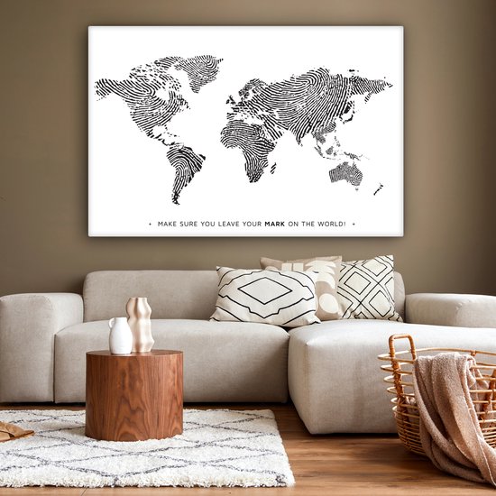Wereldkaart en toile - Citation - Empreinte digitale - 180x120 cm - Décoration murale