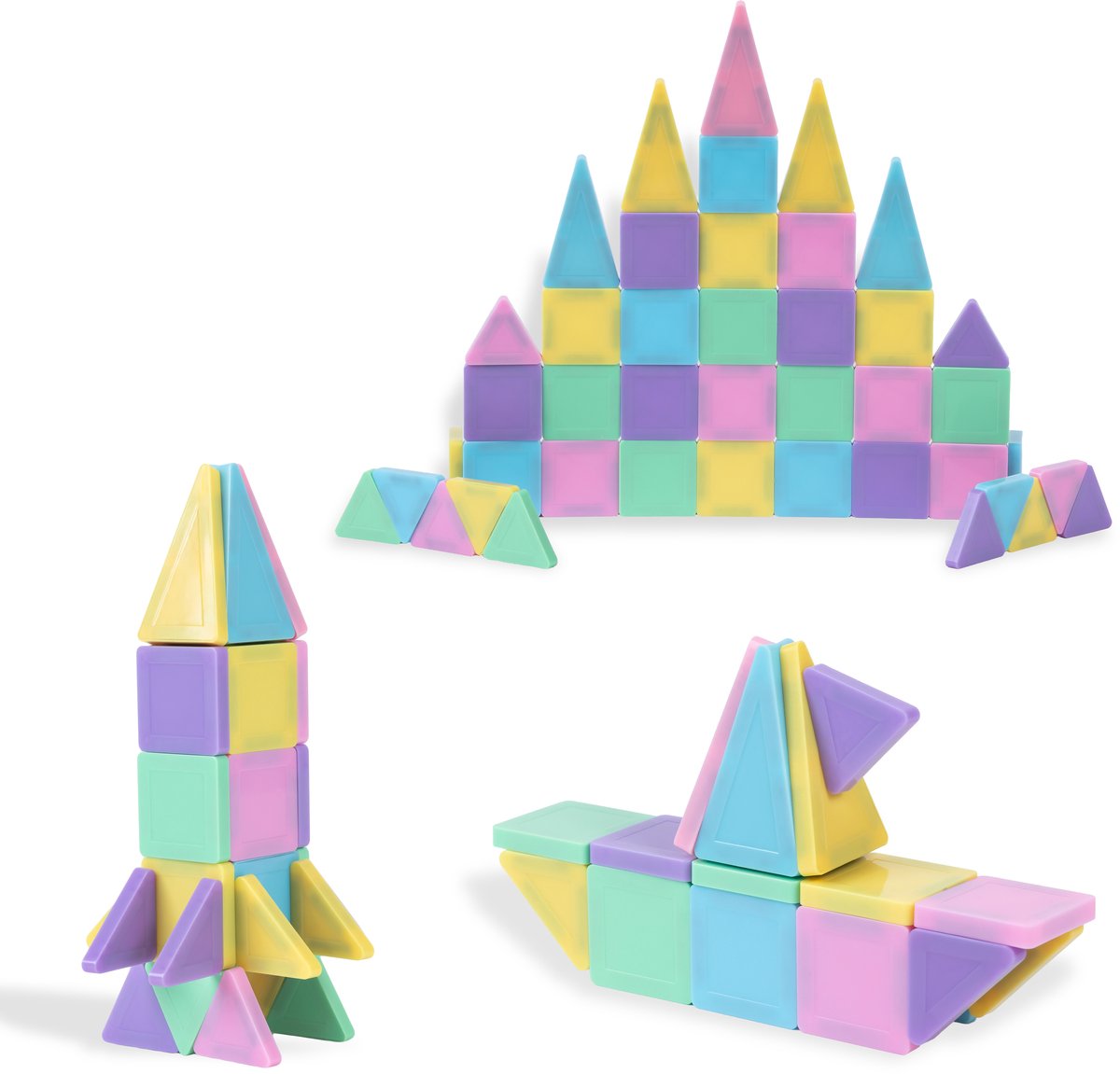 Mass Store - Magnetische Tegels - Blokken - Bouwstenen - 59 Stuks - Pastelkleuren - Opbergdoos - Magnetisch Speelgoed