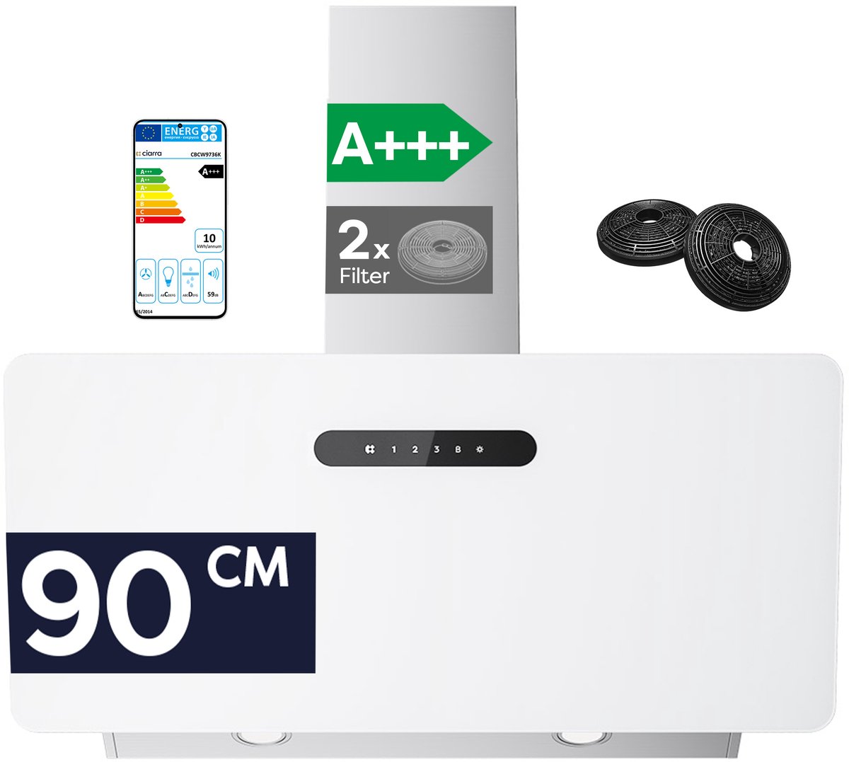 CIARRA VM9736KW - Schuine Afzuigkap 90 cm A+++ 650 m³/u - 4 Standen incl. BOOST, Wi-Fi & Touchbediening met LED