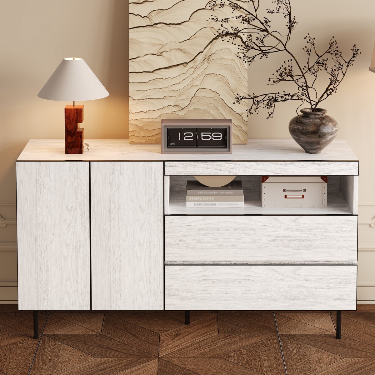 REDOM Dressoir - Greeploos Met Laden En Open Vakken - Minimalistisch - Voor Woonkamer - Spaanplaat - Wit - 140 X 42 X 77 Cm