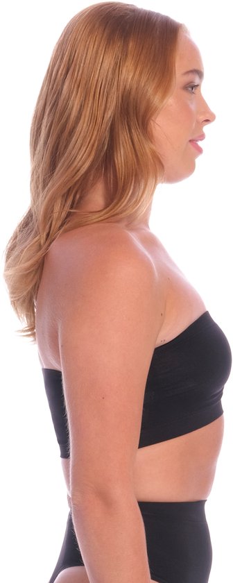 Zijprofiel van een vrouw met blond haar in een zwarte bandeau bh.