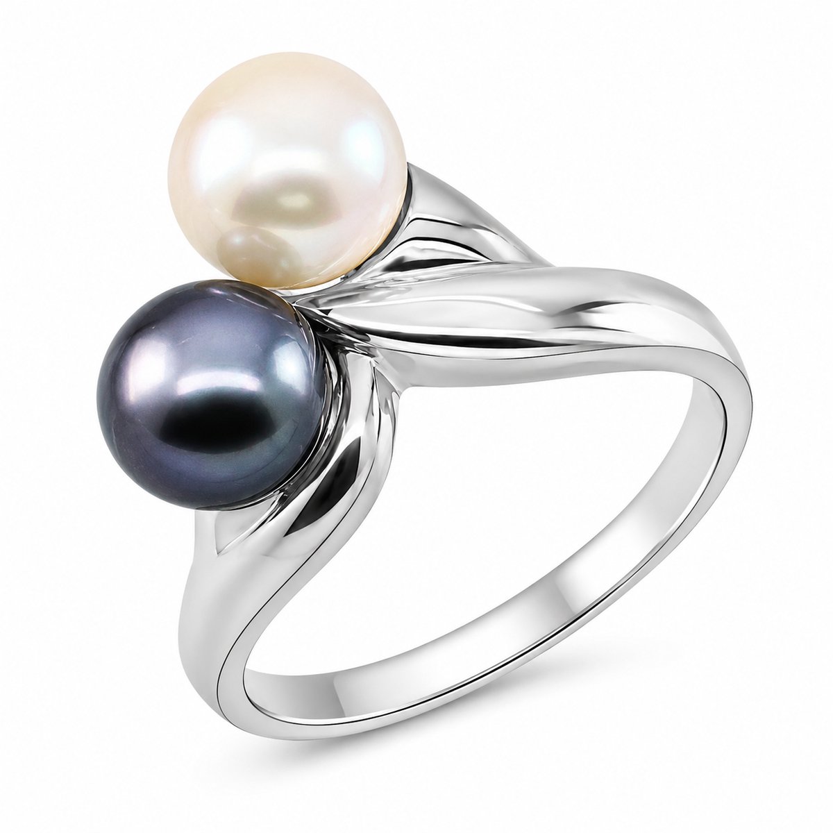 Elegante zilveren damesring met twee parels: één witte parel en één donkere parel. De ring heeft een sierlijk ontwerp met een mooi kleurcontrast en een tijdloze uitstraling. Mooi voor dagelijks gebruik, een nette gelegenheid of als stijlvol cadeau.