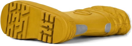 Onderkant van een gele rubberen regenlaars met profielzool.