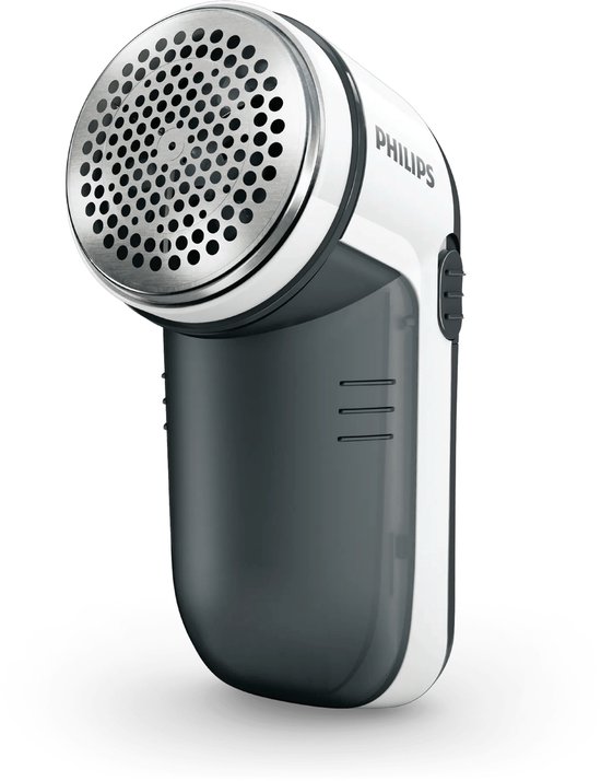 Philips pluizenverwijderaar in wit en donkergrijs met metalen rooster.