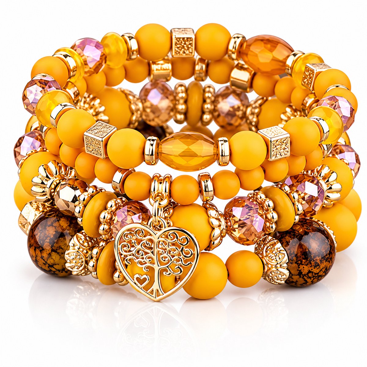 Luxamore® Kralenarmband Dames – 4-Delige Armbandenset Geel Bruin Goud – Boho Sieraden met Tree of Life Bedel – Cadeau voor Vrouwen