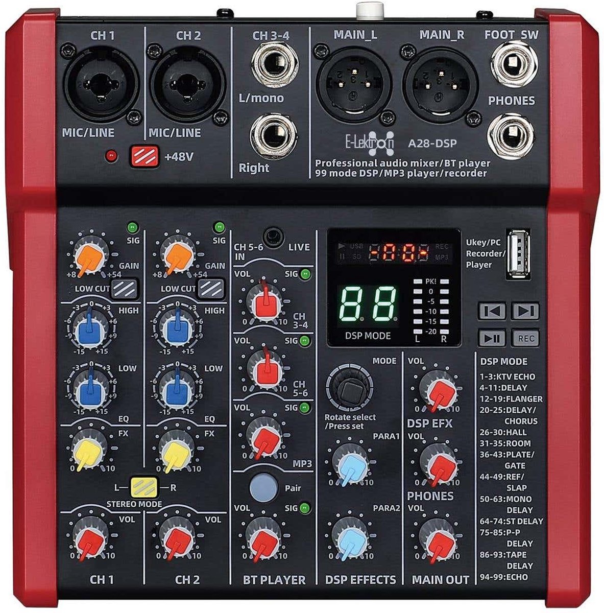E-Lektron A28-DSP 6 kanaals mengpaneel - USB interface en DSP effecten