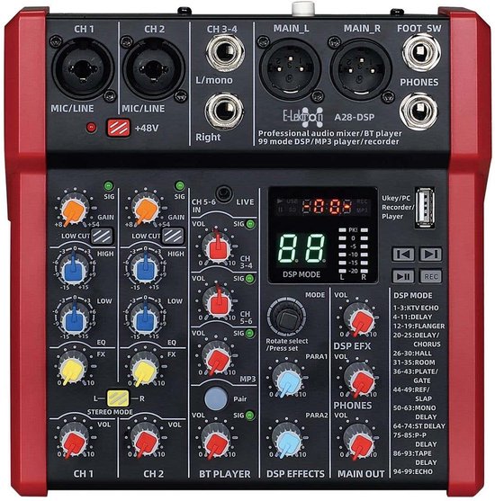 Rood mengpaneel met 6 kanalen, digitale display en diverse knoppen en schuifregelaars.