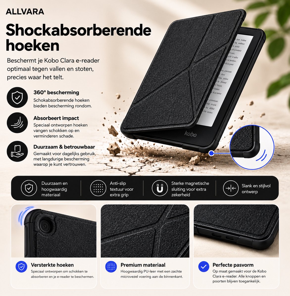Allvara® Ereader hoes - Kobo Clara BW - Multifunctioneel - Ingebouwde standaard Trifold - Wake/Sleep Cover - 360° Bescherming - Zwart – foto 4