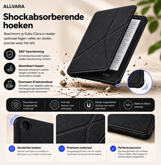 Allvara® Ereader hoes - Kobo Clara BW - Multifunctioneel - Ingebouwde standaard Trifold - Wake/Sleep Cover - 360° Bescherming - Zwart — afbeelding 4