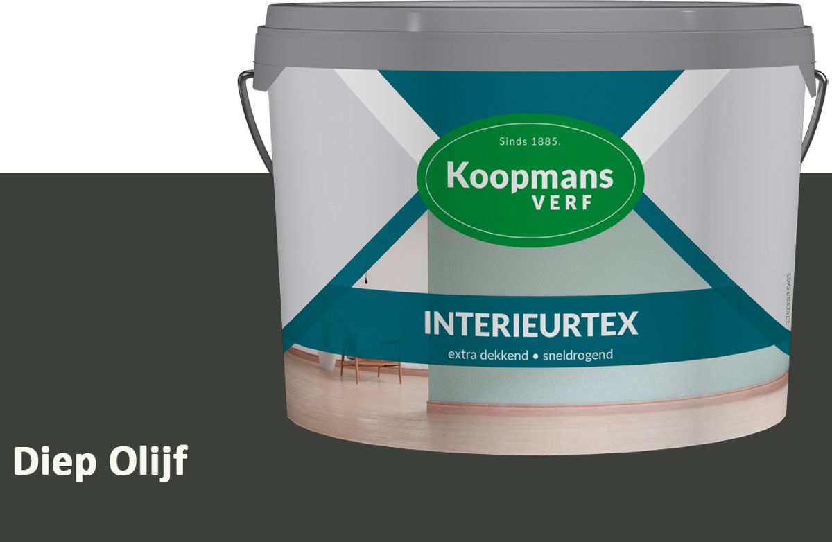 Koopmans Interieurtex Matte Muurverf Binnen – Extra Dekkende Sneldrogende Verf voor Muren en Plafonds – Diep Olijf – 5 l