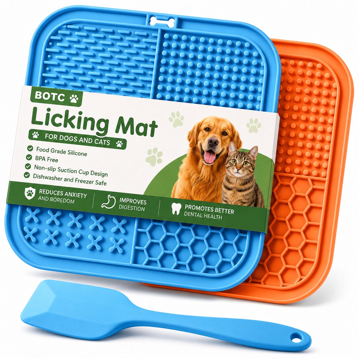 Bol.com BOTC Likmat Hond met Silicone spatulas - 3-Delig Likmat Voermat Hond - voermat - Slowfeeder Hond - Blauw /Geel aanbieding