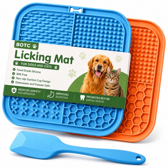 Un tapis de léchage BOTC bleu et orange avec un golden retriever et un chat, avec une spatule bleue. Texte en anglais.