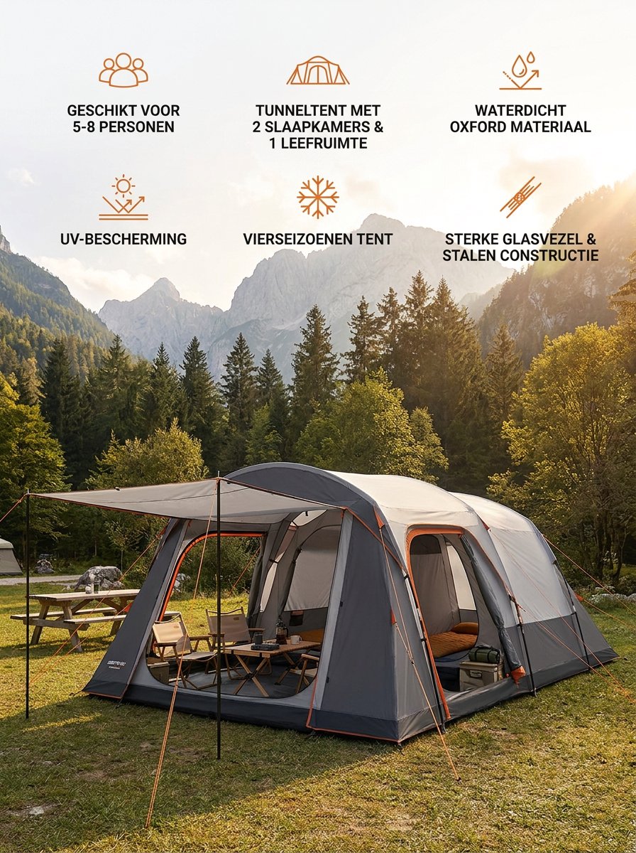 Grote Familietent 8 Personen – Luxe Tunnel Tent met 2 Slaapkamers & Woonruimte – Waterdichte Camping Tent voor Familie & Outdoor Kamperen – foto 6