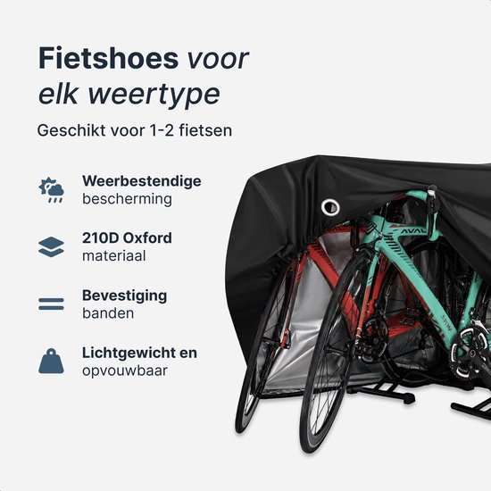 Zwarte fietshoes voor 1-2 fietsen, met gedetailleerde afbeeldingen van waterdichte en ademende materialen.