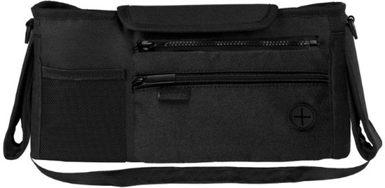 Zwarte multifunctionele kinderwagen organizer tas met ritsvakken, open vak en schouderband.