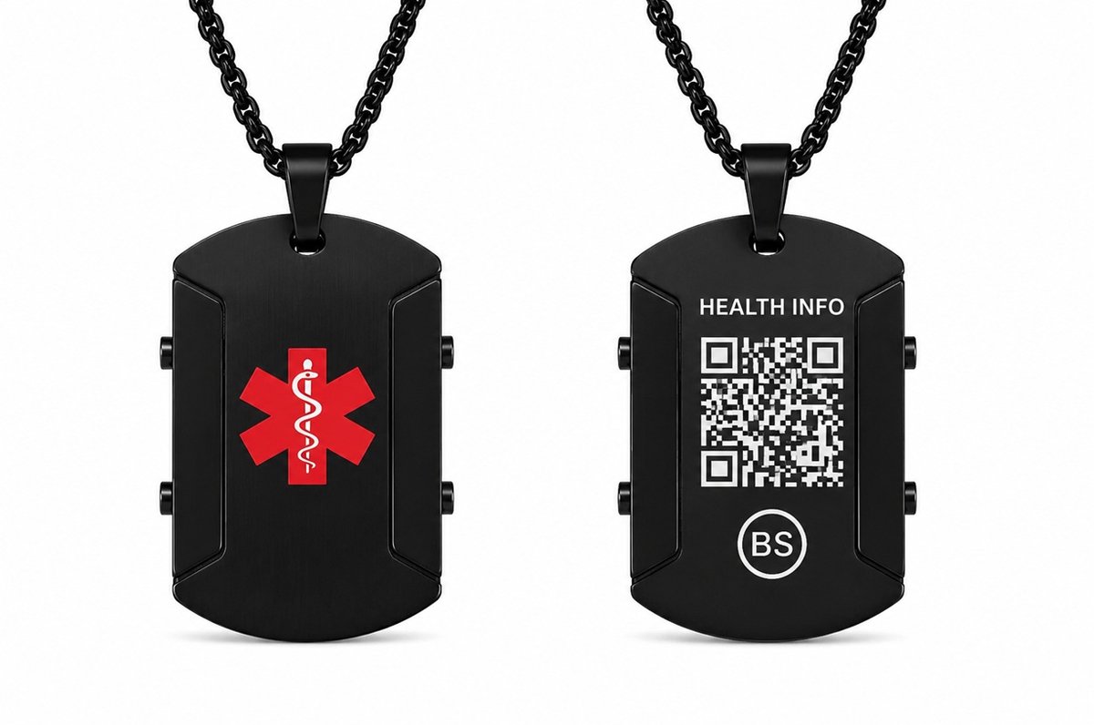 Stoere medische QR-ketting zwart – RVS – inclusief 1 jaar gebruik