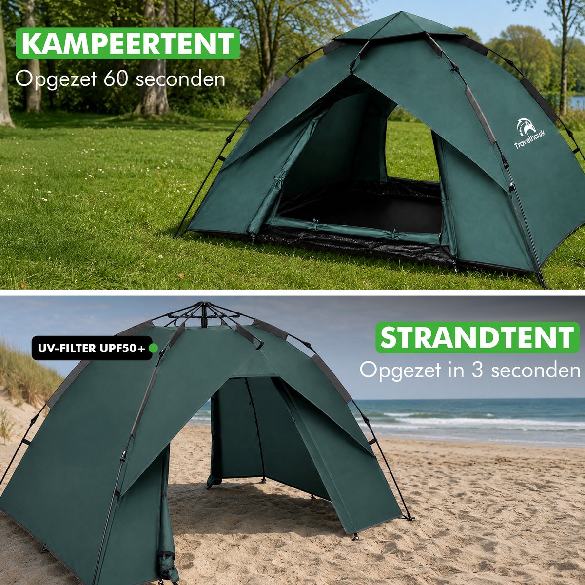 Travelhawk Pop Up Tent - 2-3 Persoons - Tent - Waterdicht - In 3 Seconden Opgezet - Groen – foto 2