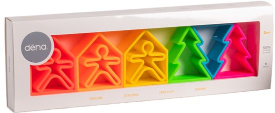 Doos met Dëna Neon uitsteekvormen: rode, oranje, gele huizen met poppetjes, groene, blauwe, roze kerstbomen.