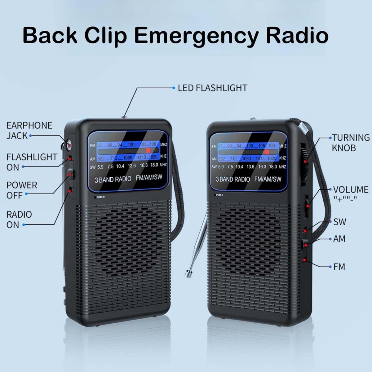 FloraGrace FM/AM Radio's - Draagbare Radio Met 3-Bands Ontvangst - Radio Op Batterijen Met Zaklamp En Luidspreker - Geschikt Voor Buiten Gebruik En Noodgevallen - Compact Ontwerp - ABS - Zwart