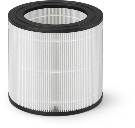 Cilindrisch HEPA-filter met zwarte rand en witte plooien.