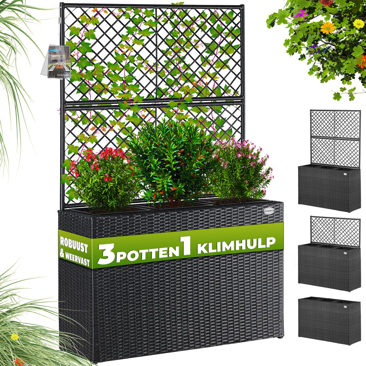Casaria Polyrattan Plantenbak met Klimrek – 3 Bloembakken – 83x31x146 cm – Zwart — afbeelding 3