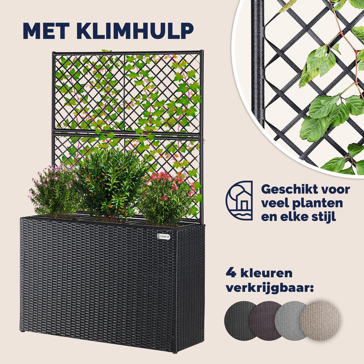 Casaria Polyrattan Plantenbak met Klimrek – 3 Bloembakken – 83x31x146 cm – Zwart — afbeelding 8