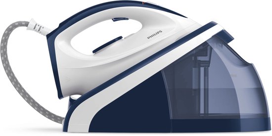 Stoomgenerator, wit met blauwe body en handvat.