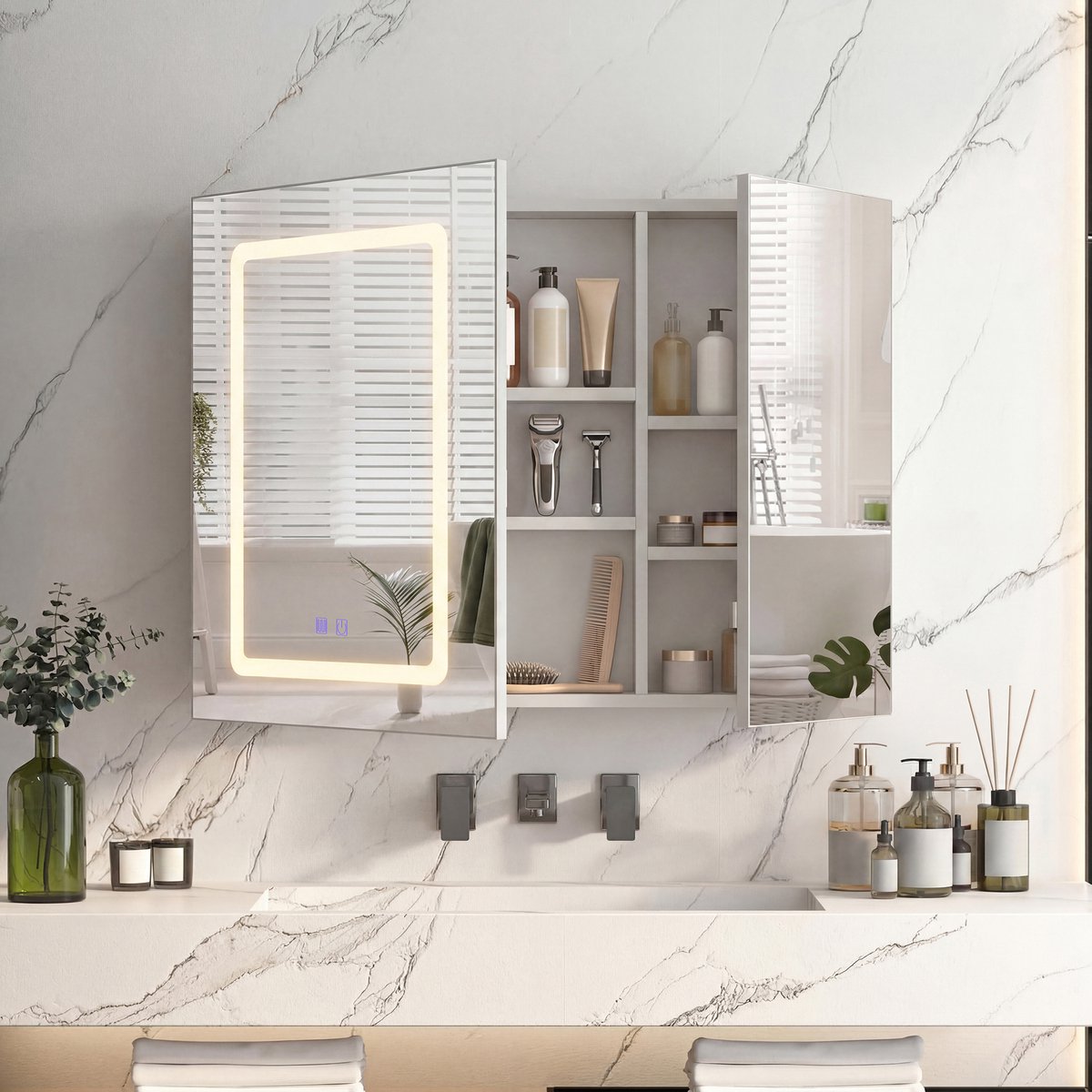 Badkamerkast met Spiegel, LED-Verlichting en Ontwasemingsfunctie, Wandgemonteerde Spiegels Kast met 2 Deuren en Verstelbare Planken, Touchbediening, 70x13.5x60 cm, Wit