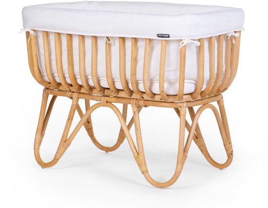Rattan Wieg Rechthoekig - 90x50x70 Cm + Jersey Omrander Ecru - Matras - 81x42x5 Cm