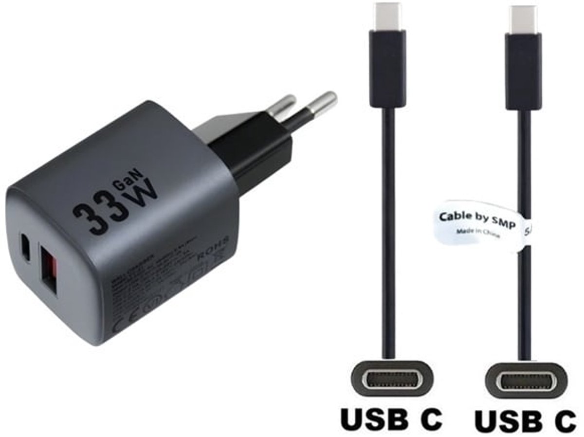 OneOne 33W super snellader USB A - USB C poorten en screenprotector van glas voor iPhone Air + 1,0m USB C naar USB C kabel. Krachtige zwarte PD PPS lader. Compacte oplader adapter met GaN III technologie. Screenprotector past op Apple iPhone Air