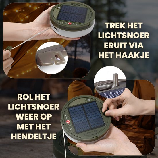 Groene en witte oprolbare kampeerlamp met zonnepaneel en haakje