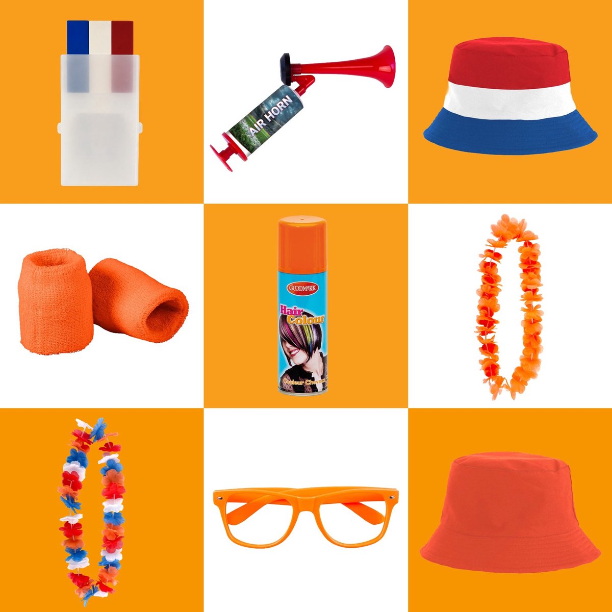 Hockey Oranje Supporterspakket – Schmink, Haarspray, Hoed & Feestaccessoires