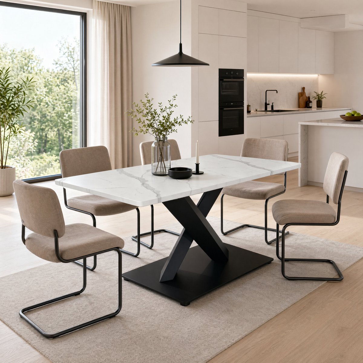 Clruro Eettafel - Onbekend - Grote Rechthoekige Eettafel X-Vorm Onderstel voor 6-8 Personen en Home Office - MDF en Metaal - Wit Marmer Look Zwart