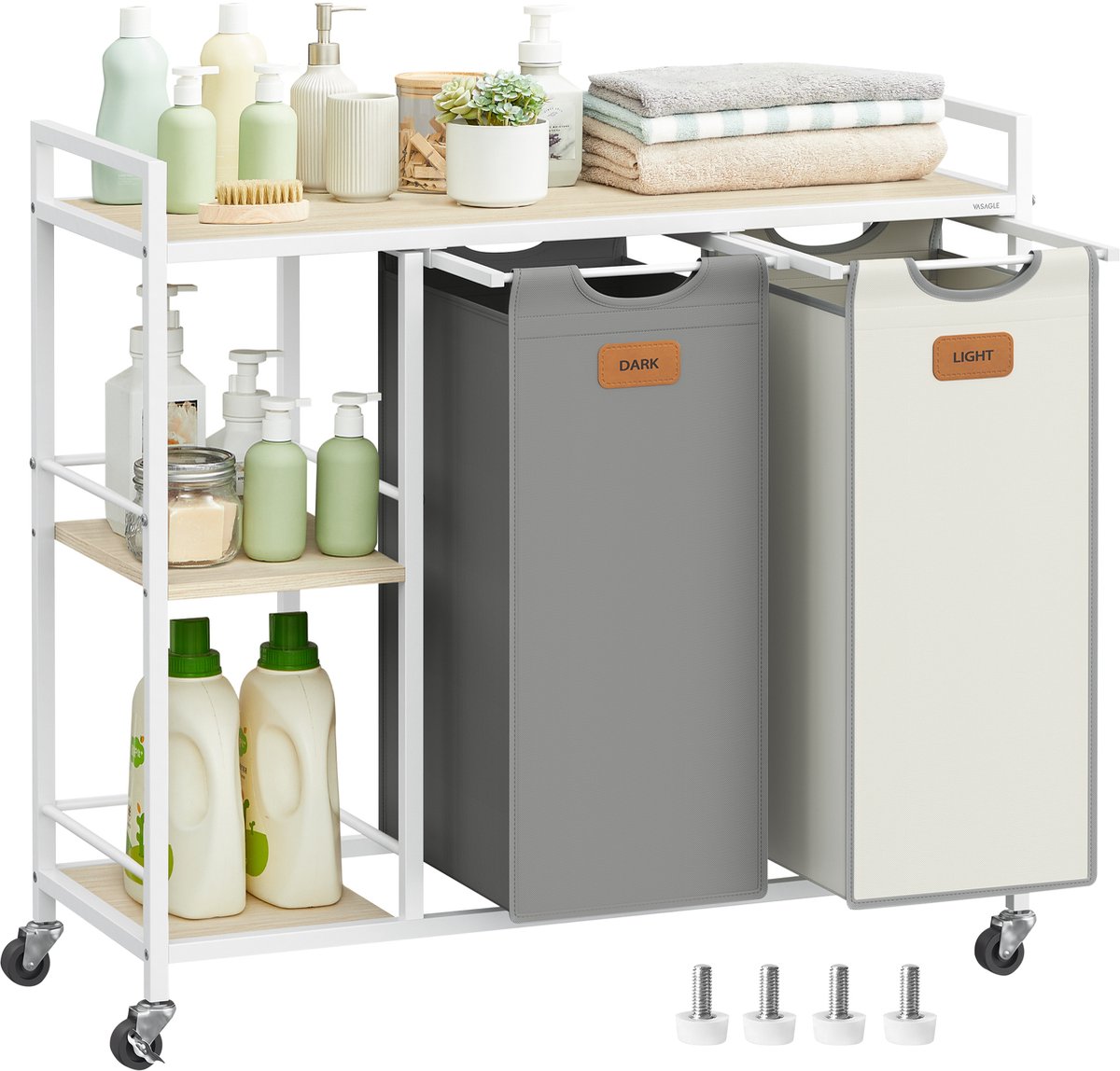 VASAGLE - Wasmand - Wassorteerder - Met 2 Vakken - 100 L wasmand - Met Wieltjes en Afneembare Tassen