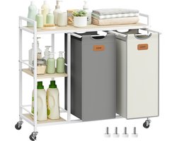 VASAGLE - Wasmand - Wassorteerder - Met 2 Vakken - 100 L wasmand - Met Wieltjes en Afneembare Tassen