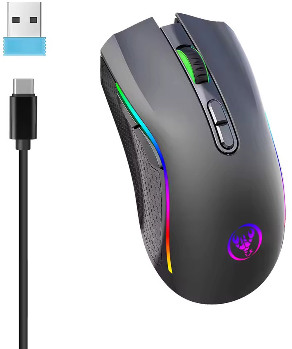 HXSJ T69 Draadloze Gaming Muis – RGB Verlichting – 4800 DPI – 2.4G Wireless – Oplaadbaar via USB-C – Ergonomisch – Zwart