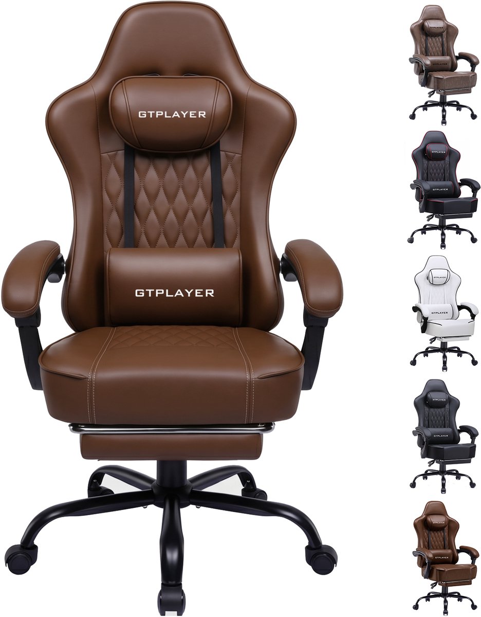 GTPLAYER - Gaming Stoel - Met Synchronmechanik en Lendenkussen - Chocoladebruin Kunstleer