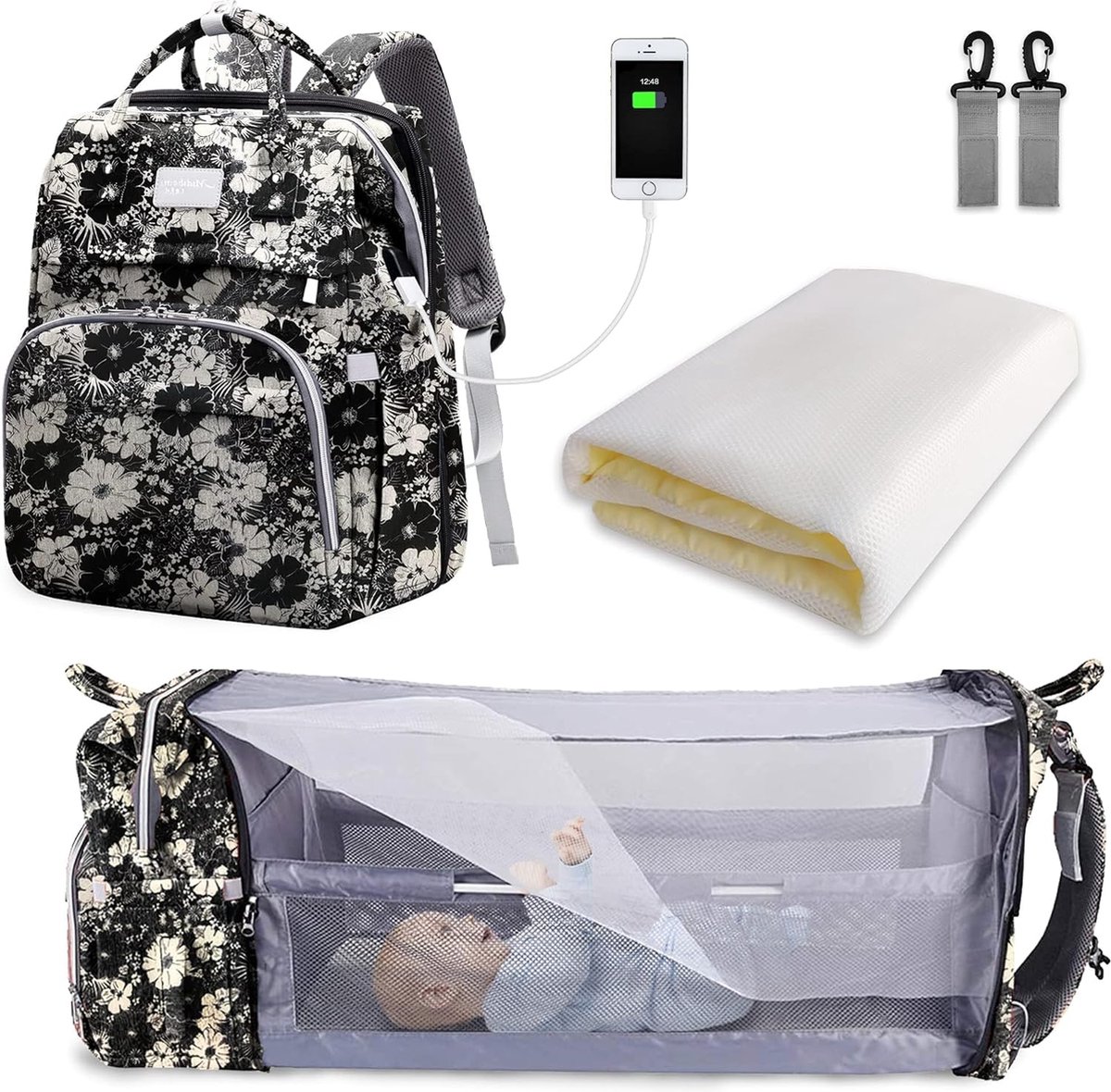 Goedkoopste Luiertas Rugzak - Grote Capaciteit Luiertas - Draagbare Reis Luiertas met Opvouwbaar Bed - Babybed Rugzak - Zwart