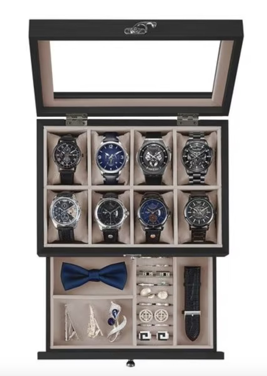 JR Horlogebox - Horlogedoos - Sieradendoos - Sieradenbox - Opbergdoos - Hout - Fluweel - Zwart
