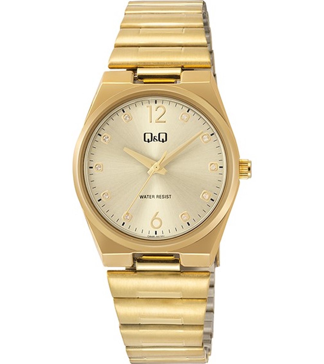 QQ Q84B-007PY - Horloge - Polshorloge - Analoog - Dames - Vrouwen - stalen band - Metaal - Overig - Cijfers - Stippen - Briljanten - Goudkleurig