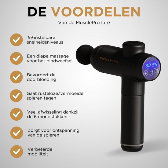 Zwart MusclePro Lite massagepistool met instelbaar display en 6 functies, zoals diepe massage.