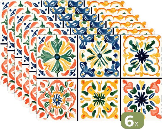 Sets de table - 6 pièces - 45x30 cm - Set de table en plastique - Espagnol - Carreaux - Céramique - Fleurs - Dessous de plat - Décoration de table - Accessoires de décoration de table de cuisine