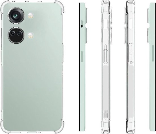 Doorzichtig TPU hoesje met verstevigde hoeken, toon de voor- en zijkanten van een lichtgroene telefoon.