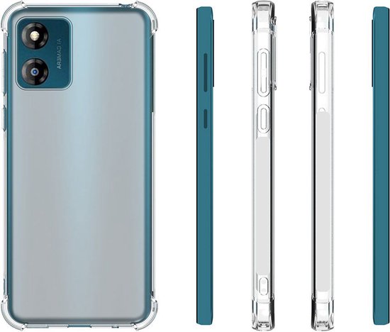 Blauwe smartphone met transparant hoesje, getoond met zijaanzichten van het hoesje.