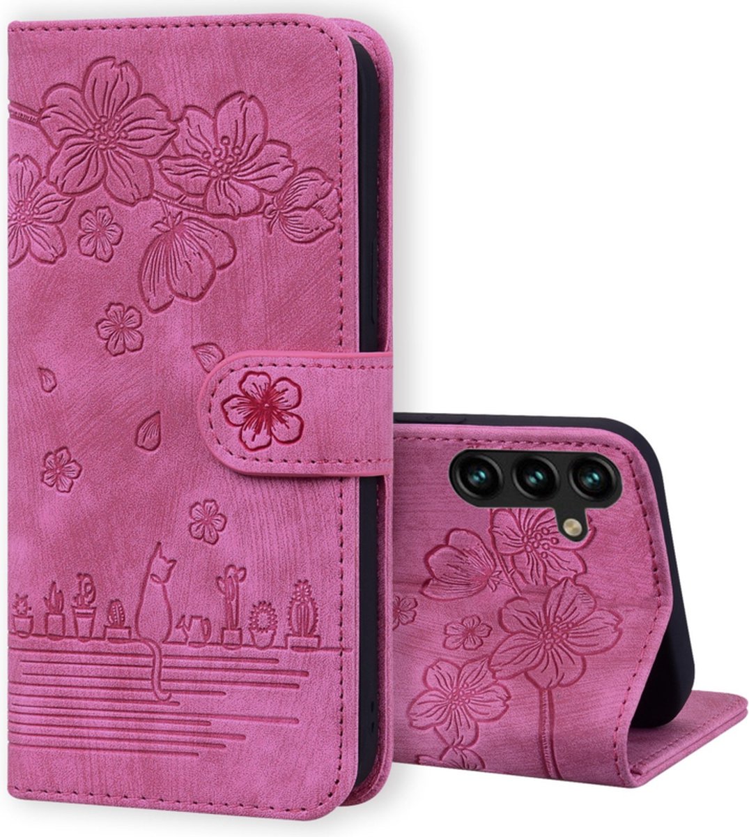 BookCover Hoes Etui geschikt voor Samsung Galaxy A16 - A17 - A26 Roze - Bloemen Kat - Reliëf