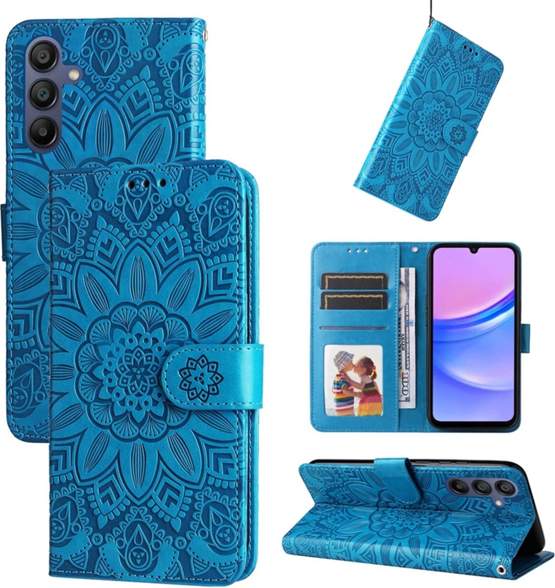 BookCover Hoes Etui geschikt voor Samsung Galaxy A16 - Blauw - Bloem-Motief in Reliëf