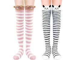 2 paar koraalfluwelen kniekousen - Dames kniehoge pluche sokken - Zacht en warm - Dijhoge gestreepte kousen - Comfortabele pantoffelsokken - Winterkousen - lange gestreepte dijkousen voor de winter (kat + beer)