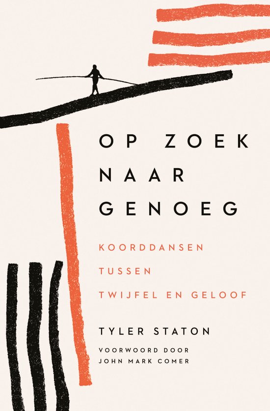 Boek 'Op zoek naar genoeg' met tekst KOORDDANSEN TUSSEN TWIJFEL EN GELOOF en een afbeelding van een koorddanser.