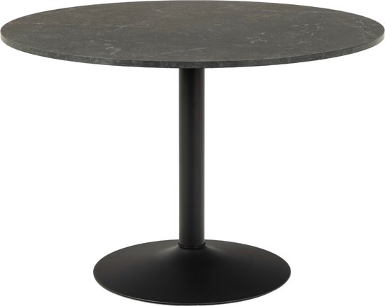 Ronde tafel met donkergrijs marmerlook blad en zwart tulpvormig onderstel.