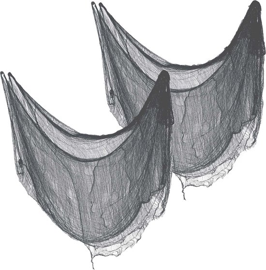 Horror/halloween deco wand/plafond gordijn stof - 2x - zwart - 76 x 228 cm - griezel uitstraling